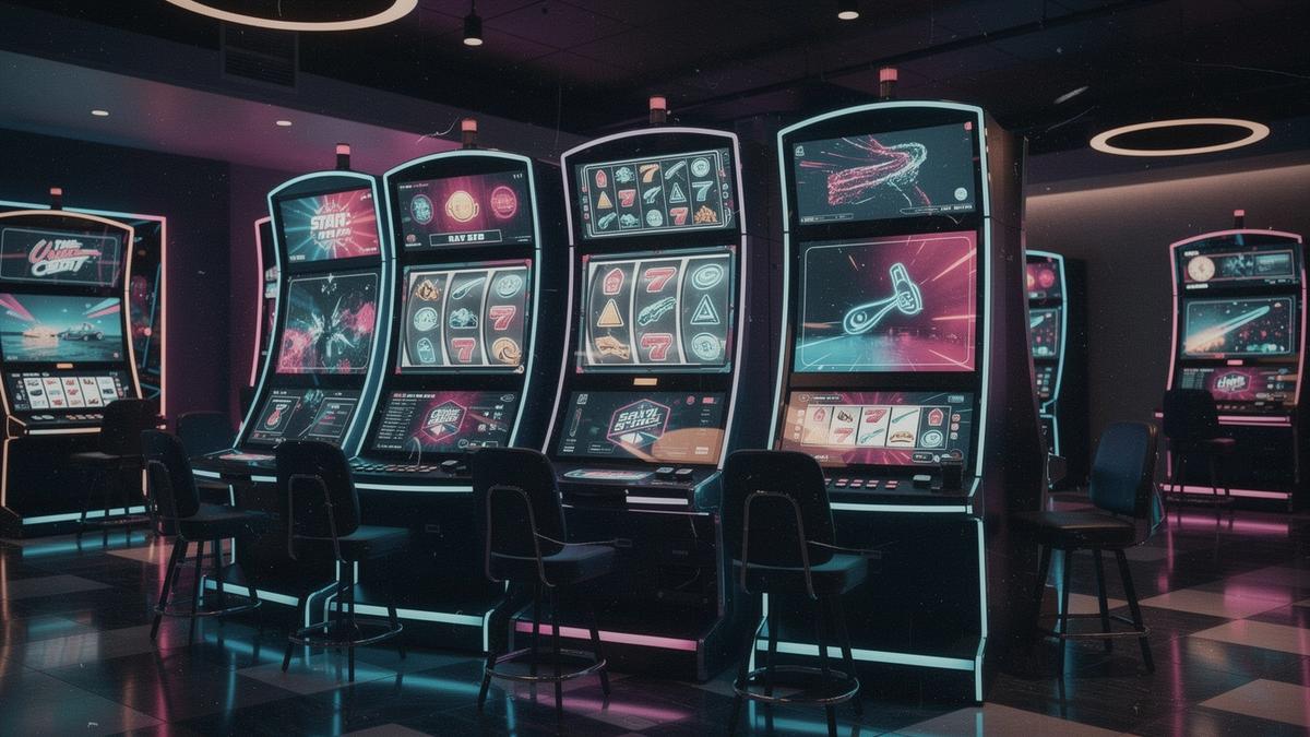 Neon arcade slot reels with Australian-inspired color accents